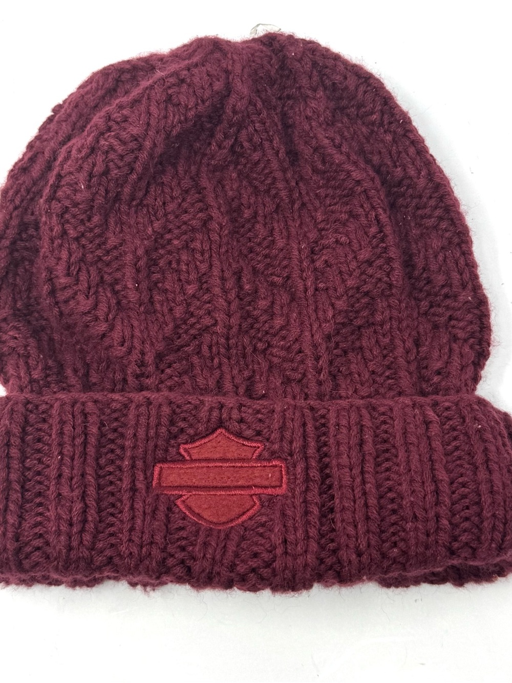 Harley Davidson Burgundy Slouchy Chunky Knit Beanie Hat Embroidered Logo - Picture 2 of 5